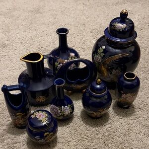 Elegant Blue Ceramic Vase Set with Floral Design